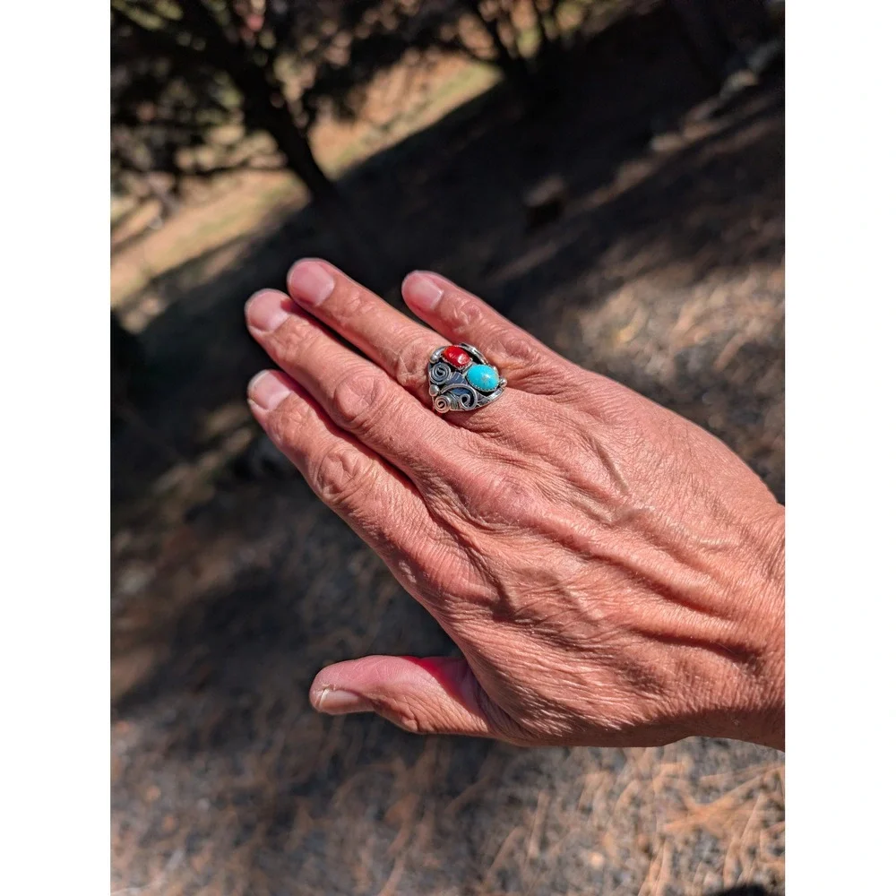 Navajo Men's Ring Sterling Turquoise Coral by Lorena Brown‎ 10.5 Southwest **